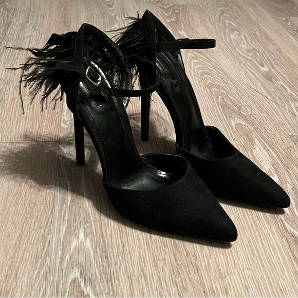 Black Feather Heel Pointed toe Ankle Strap 5” Stiletto Party Whimsigoth Goth 7.5 - Picture 2 of 10